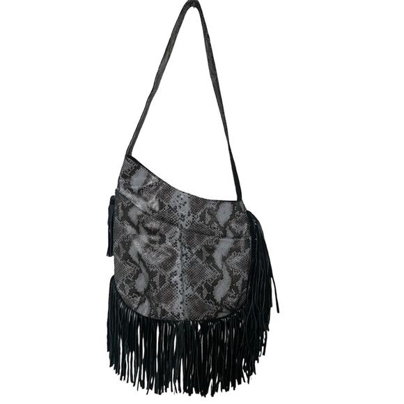 Camila Alves MUXO Black Snakeskin Print Fringe Leather Hobo Bag - Picture 1 of 16
